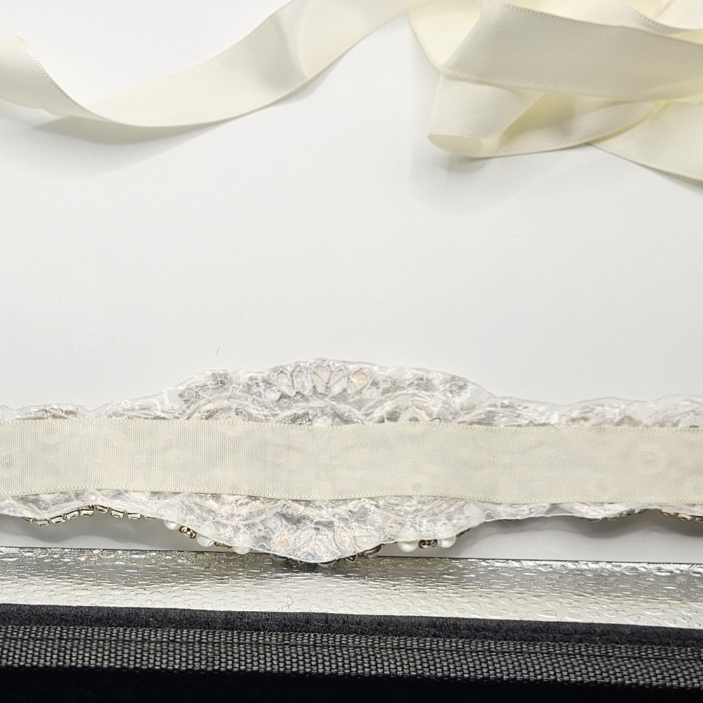 Bridal Belt Wedding Sash Rhinestone Pearl Crystal Applique Ivory Ribbon 92" New - Picture 7 of 8